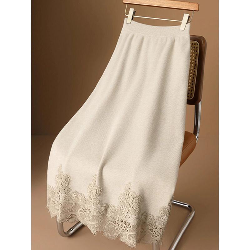 スカート レディース 秋冬 厚手 レース 羊毛 ニット Aライン ハイウエスト スリム エレガント 中国風 ロング ミディ丈 暖か スタイルアップ 膝下丈 フェミニン ウール混 ニッティング 膝丈