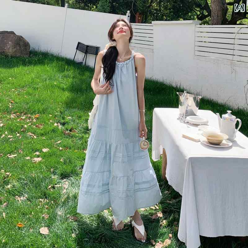 ワンピース ロング マキシ丈 女性用 ブルー ホルターネック ドレス 2025夏 韓国 雰囲気 ゆったり スリム ロング スカート aライン