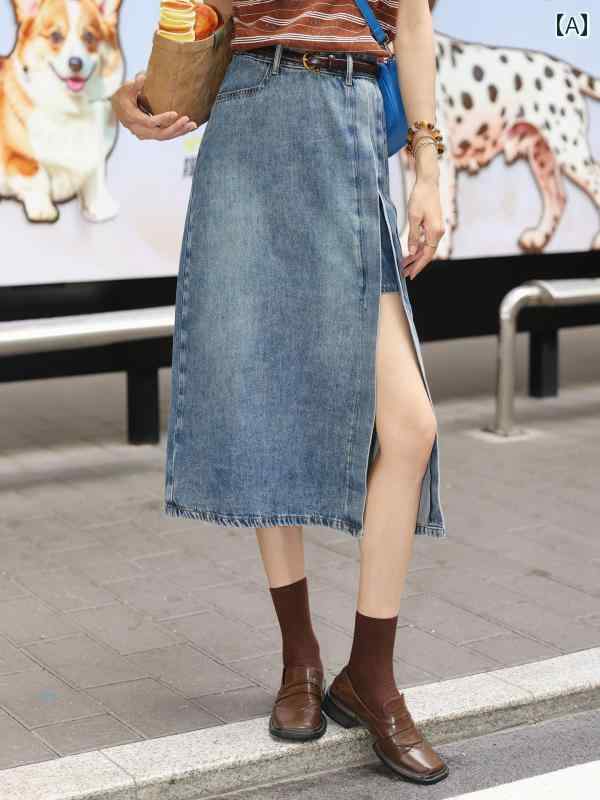 夏 デニムスカート ハイウエスト 着痩せ 美脚 体型カバー ナチュラルカジュアル 着回し抜群 レディース