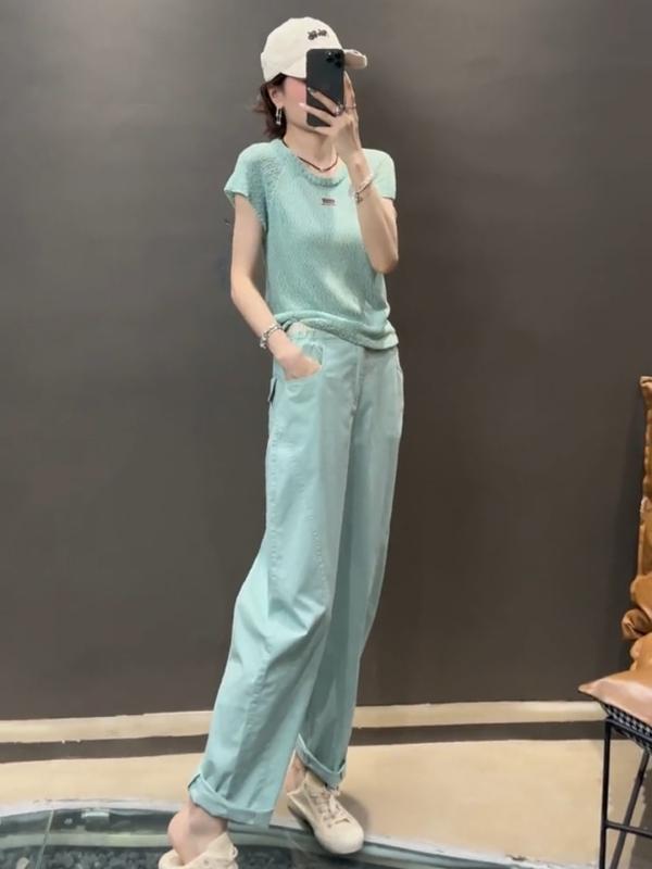 レディース ニット トップス ワイド パンツ 2点 セット 夏 ゆったり スリム 薄手 カジュアル 爽やか ルーズ フィット 吸湿 速乾