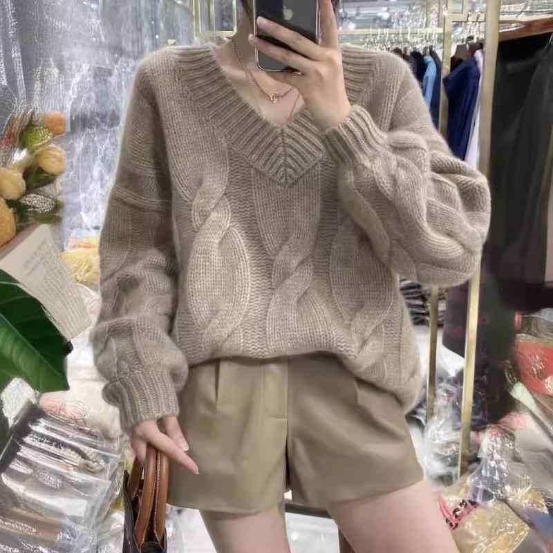 レディース 秋冬 カシミヤ Vネック ケーブル編み 厚手 ショート丈 セーター ゆったり スタイル 羊毛 インナー 柔らか 保温性 高級感｜バランスケア　店