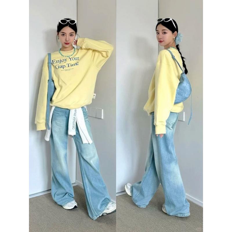 スウェット レディース ゆったりシルエット リラックススタイル 長袖 イエロー クルーネック アメリカン レトロ 春秋 カジュアル トップス ビッグサイズ ルーズフィット