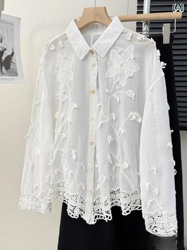 ブラウス レディース パステルカラーレースブラウス 新 商品の 甘くて 優しい 刺繍の 重 工の 浮 花の シャツ レディース 秋 ファッションの 不規則な レースは 長袖の 上着を つなぎ合わせます。
