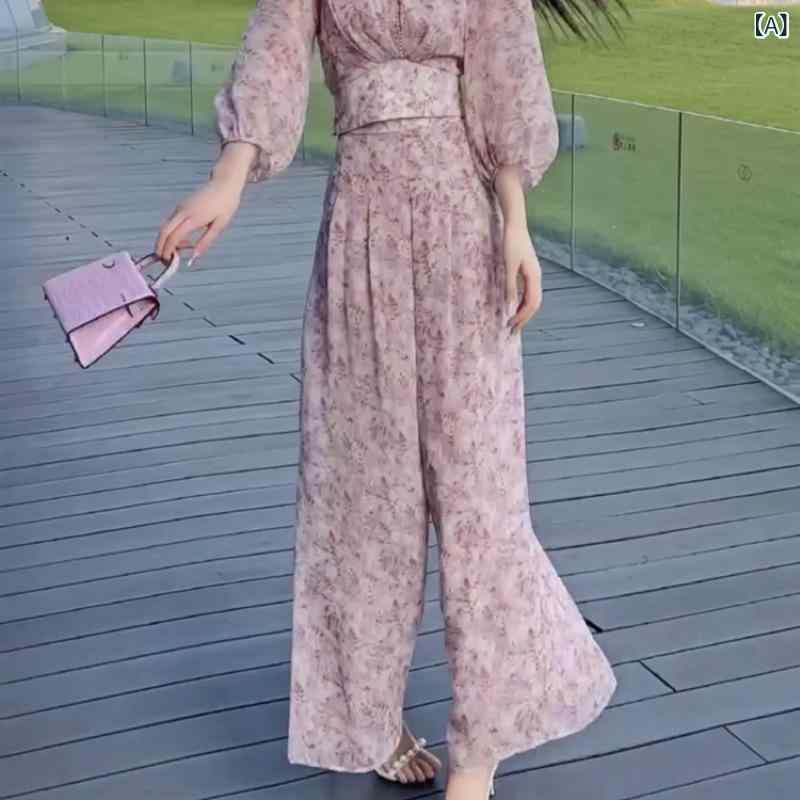 セットアップ レディース Vネック 2025夏の 韓国 プリントの お姫様 セットの 花の スカートの v ネックの シフォンは やせています。