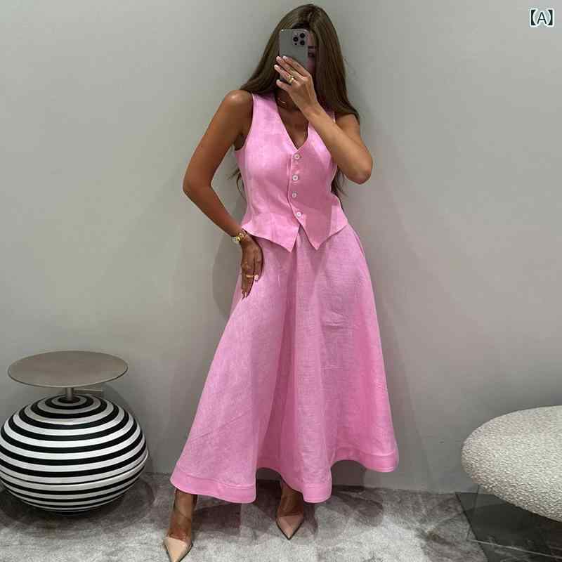 セットアップ レディース V素っ首 欧米の 差し交わす間借り人 女装 2025 夏の v 素っ首 サクラ色 限りない ご機嫌酉の方角 半身 スコート 2点 仕掛けるx2