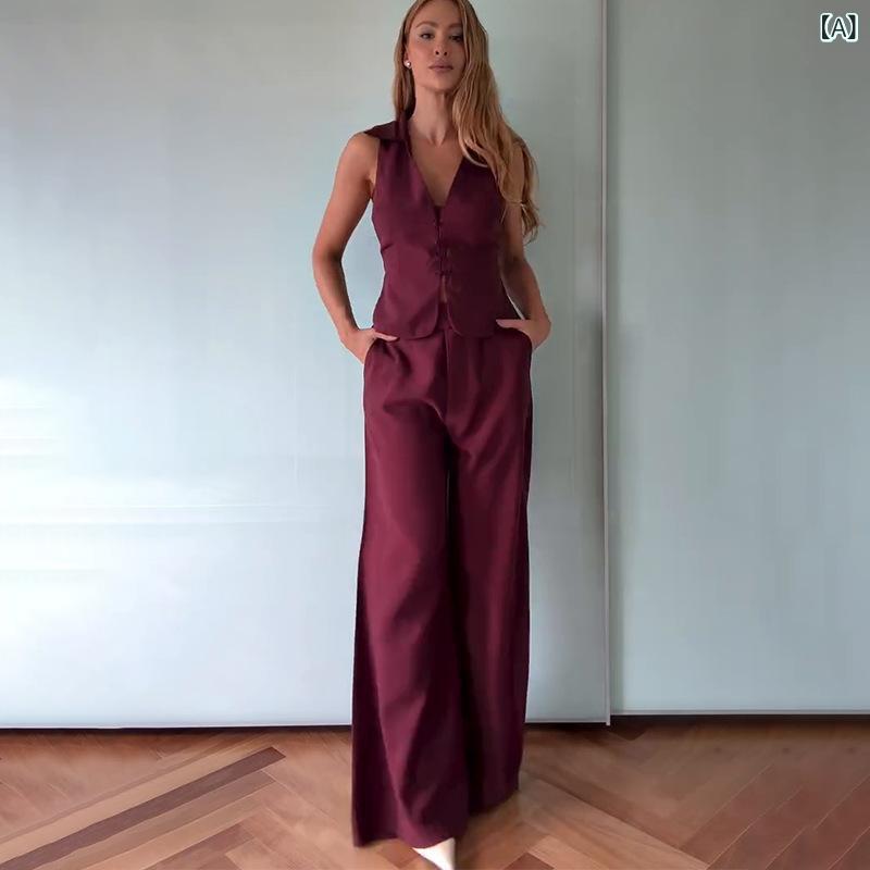 セットアップ レディース V素っ首 欧米 のの 差し交わす間借り人のの 成人女性服の 新型の 色の v 素っ首の 袖なしの 露 背の 厚地の外套の 衣嚢の 引っ切り無いな ズボンの 背広x2