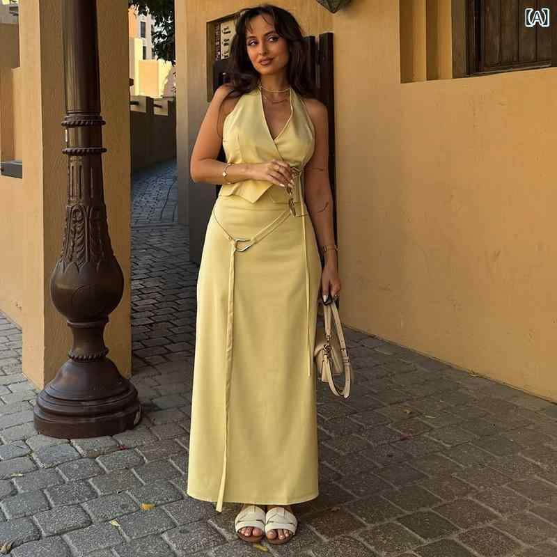 セットアップ レディース Vネック 欧米の クロスボーダー 婦人服 2025 夏の 新型 ファッション v ネック ベスト 上着 ハイウエスト 半身 スカート カジュアル スーツx2