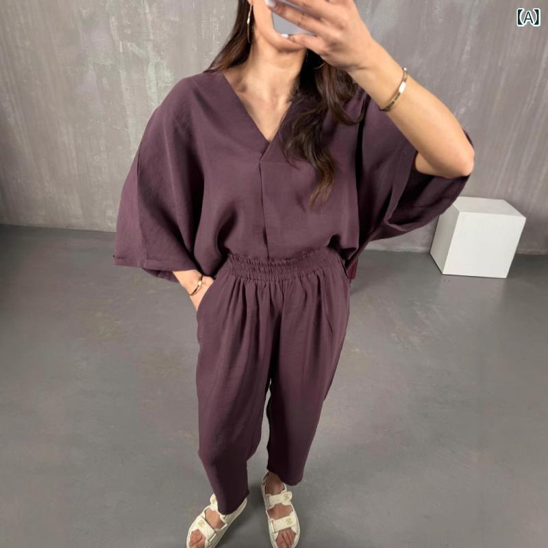 セットアップ レディース V素っ首 差し交わす間借り人 成人女性服 流行り物 心地好い 背広 春夏 シワ 感 v 素っ首 連 袖 ゆるい 厚地の外套 ズボン 2点 仕掛けるx2