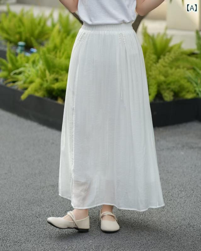ロングスカート 綿混素材 亜麻 実際に シルク 麻の 半身の スカートの 女性 2025 夏の 新型の 股を 遮って やせている スカートの 中の 長い タイプの ふわふわ している ペンダント 感の 半 スカートx3