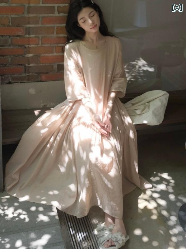 ロングスカート 綿混素材 亜麻 桃の 雲を 挟んで ラミー 麻の ワンピースは インナーの 小さい 人の 長い スカートを 含んでいます。