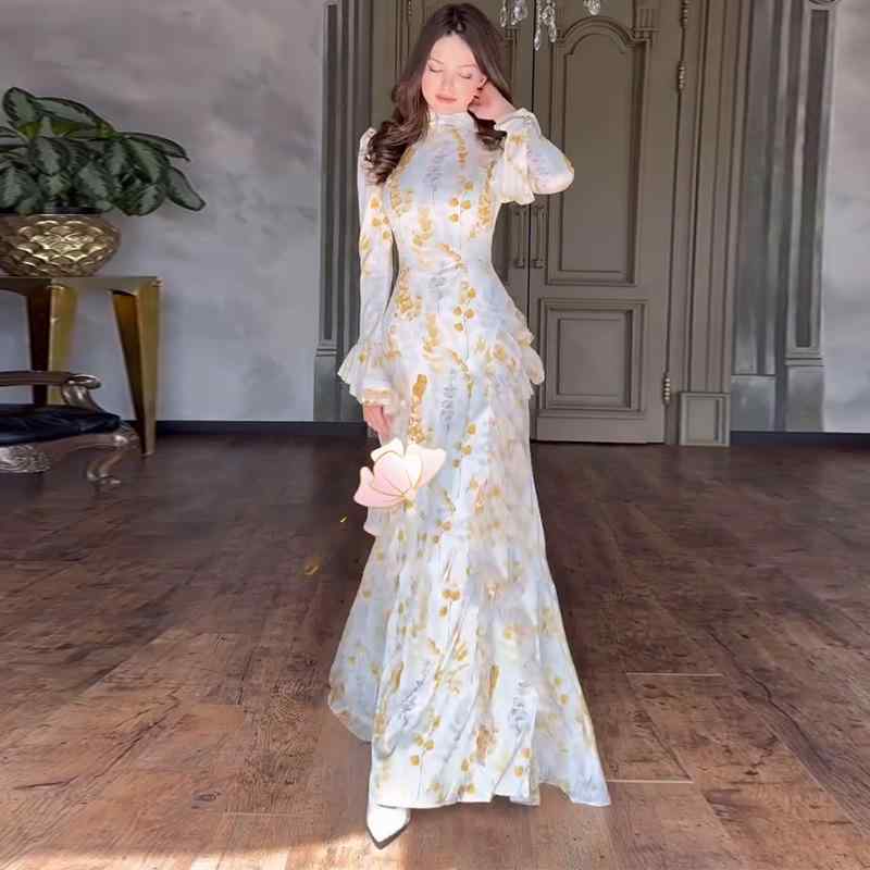 衣装 レディース ロング丈 労働者の一団素っ首 フラウンス 窈窕たる 長袖 刷り上げる 花柄 着痩せ 表現スタイル引き上げる ポリエステル 春夏 黄色x2