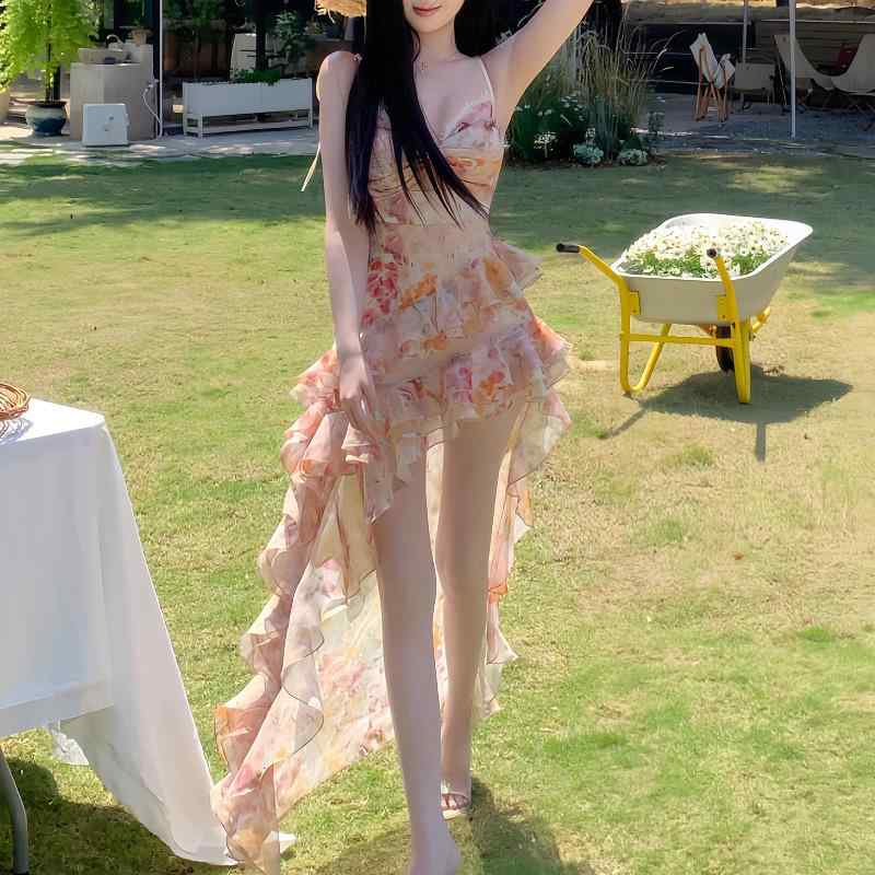 ワンピース レディース キャミワンピース フレンチ シンプル リゾート風 フリル 小花柄 シフォン ショート丈 Aライン スクエアネック ノースリーブ ハイウエスト ポリエステル 通勤 春夏x2｜バランスケア　店