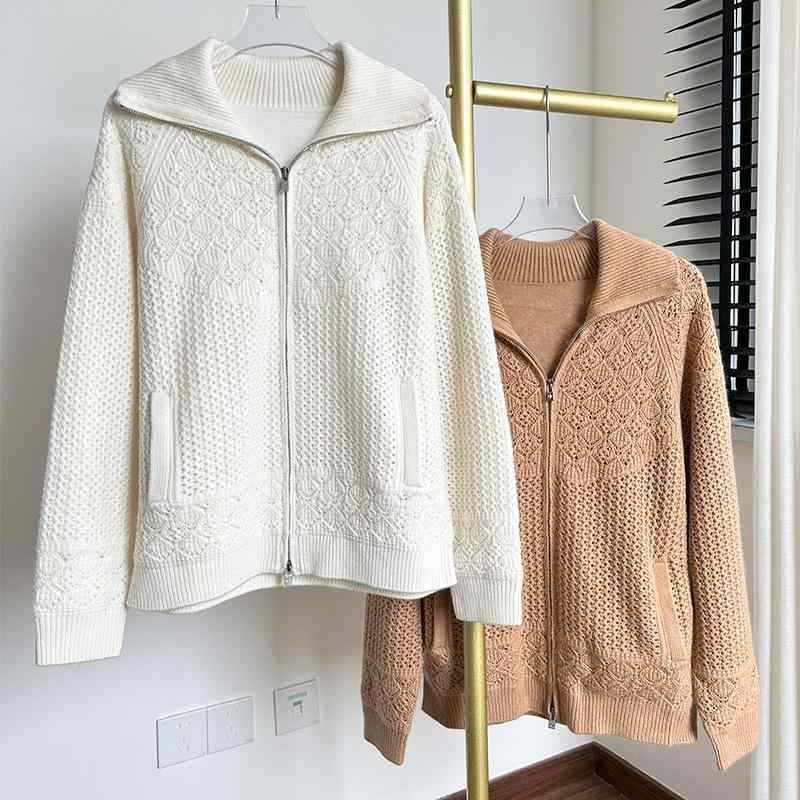 レディース ニットコート カシミヤ 素材 ラペルカラー ジッパー 透かし デザイン ジャカード 織り 裏地 付き クロシェ 装飾 通勤用 カジュアル 上品 スタイル 柔らかい 着心地 暖か アウター オフィス ウェア フェミニン エレガント