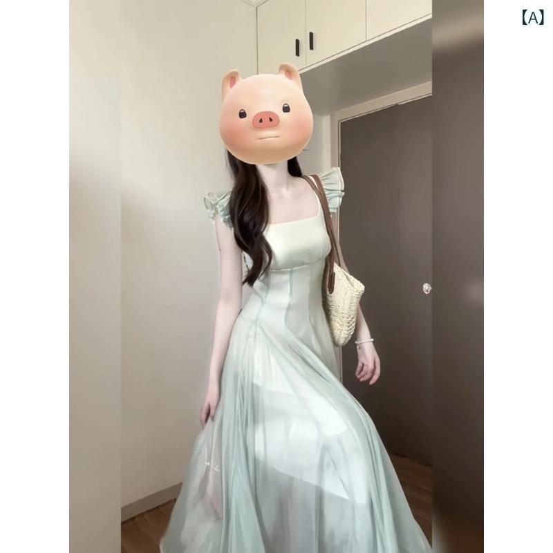 シフォン スカートきれいめ フランスの 小さい 飛 袖の ワンピースの レディース 夏の 美しい 海辺の 休暇の 高級 感は 腰の a 字のの 長い スカートを 収めます。x2