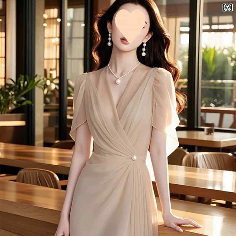 シフォン スカートきれいめ 2025 春の 新型 婦人服の 高級 大衆の フランス 式は 腰の 長い 杏 色の 半袖の シフォンの ワンピースの 女性を 収めます。