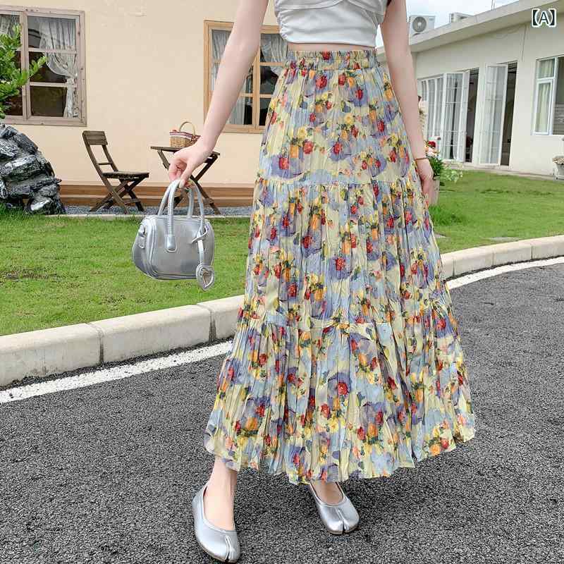 花柄ロングプリーツスカート フラワープリント 20 夏の 新型の 甘美で 清新な の 油絵の 花の 半身の スカートの レディース高 腰の a 字の ゆったりしている 大きい 振り子の ロング スカートx2