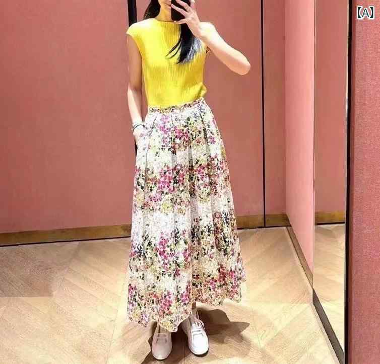 花柄ロングプリーツスカート 御花刷り上げる Max 家 2024 春夏 引き付ける的 ローマン的 タック 刷り上げる高 腰 フレンチ スコート 掛け汁 感 ロング スコート