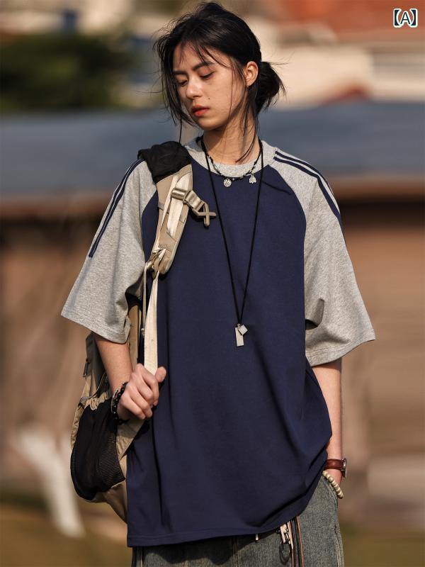 Tシャツ 着回し 半袖 丸首 夏 ゆったり コットン カップル 万能 シンプル おしゃれ カジュアル ファッション お出かけ インナー アウター 使いやすい 便利 ボーダー カラーマッチング