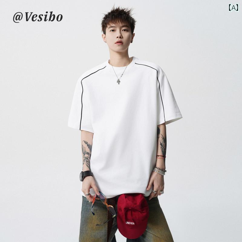 Tシャツ 着回し メンズ 半袖 夏 ゆったり アメリカン スプライジング 万能 レトロ シンプル おしゃれ カジュアル ファッション お出かけ インナー アウター 使いやすい 便利 ボーダー