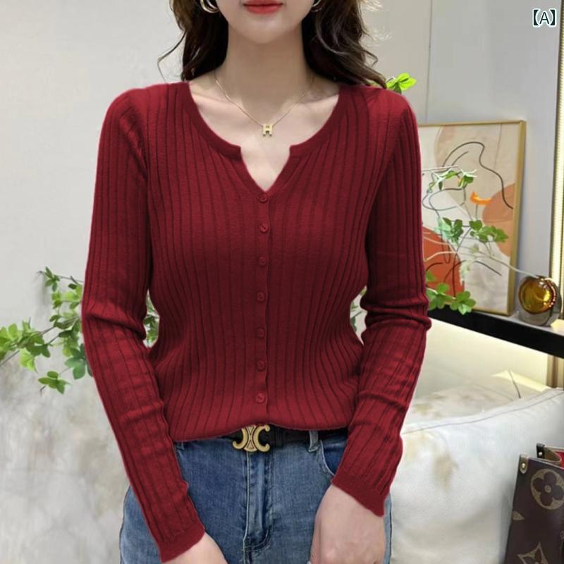 カーディガン セーター ジャケット Ｖネック レディース 長袖 秋 スリムフィット ニット ラムウール シンプル おしゃれ カジュアル シンプル アウター ファッション 万能 便利 レッド