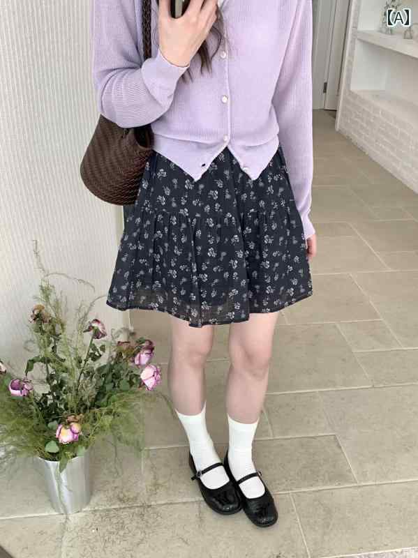 レディース Aライン ロング ショート フラワー スカート ハイウエスト 夏 スリム 韓国 万能 レトロ カジュアル おしゃれ ファッション ホワイト 花柄