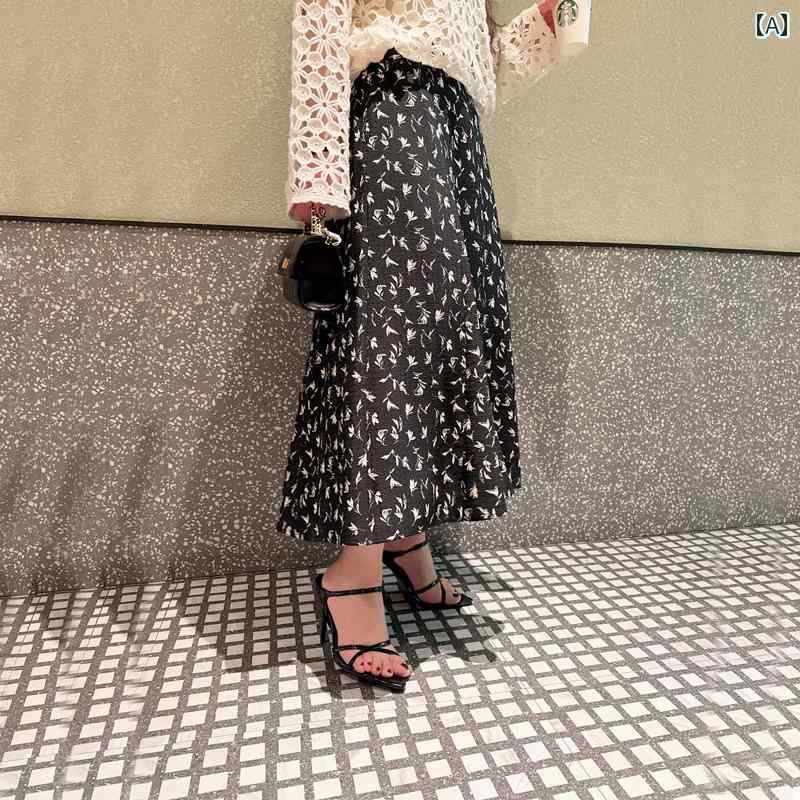 レディース フローラル ロング フラワー スカート 春 スリム 万能 カジュアル おしゃれ ファッション ブラック