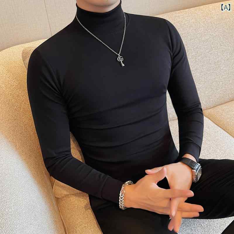 ハーフ タートルネック Tシャツ メンズ 長袖 秋冬 無地 韓国 スリムフィット ミッド カラー レイヤリング シャツ タイト ボディシャツ トップス