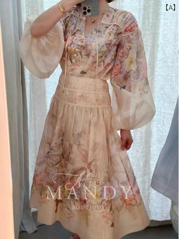 Z ハイエンド 2025 早春 花柄 プリント レディース ラン タンス リーブ シャツ トップ スカート スーツ