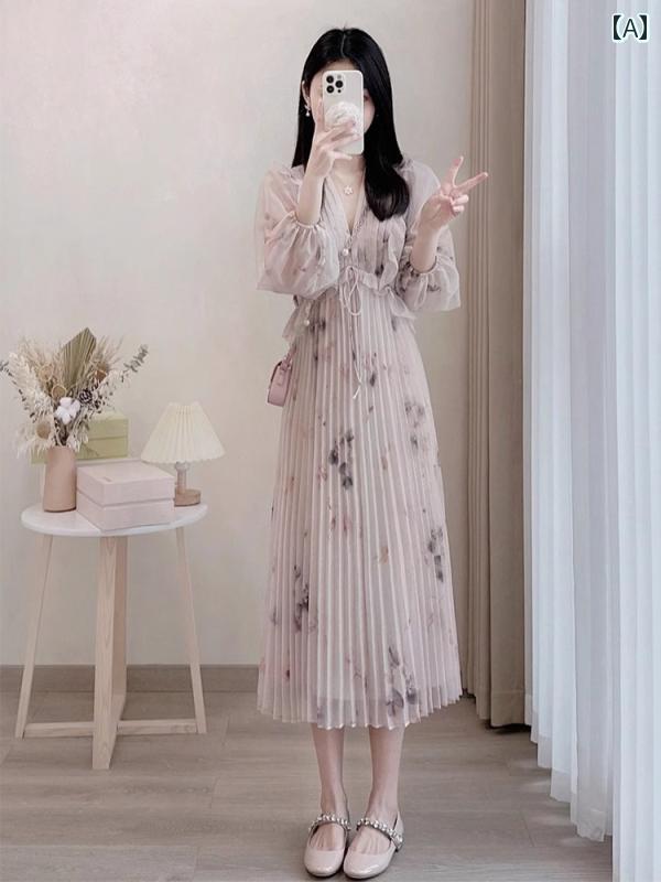 かわいい レディース きれいめ 駅の レディース 春服 2025 ティーブレイク フランス 風の ハイエンド 小さい 長袖の 花柄 ワンピース|バランスケア 店