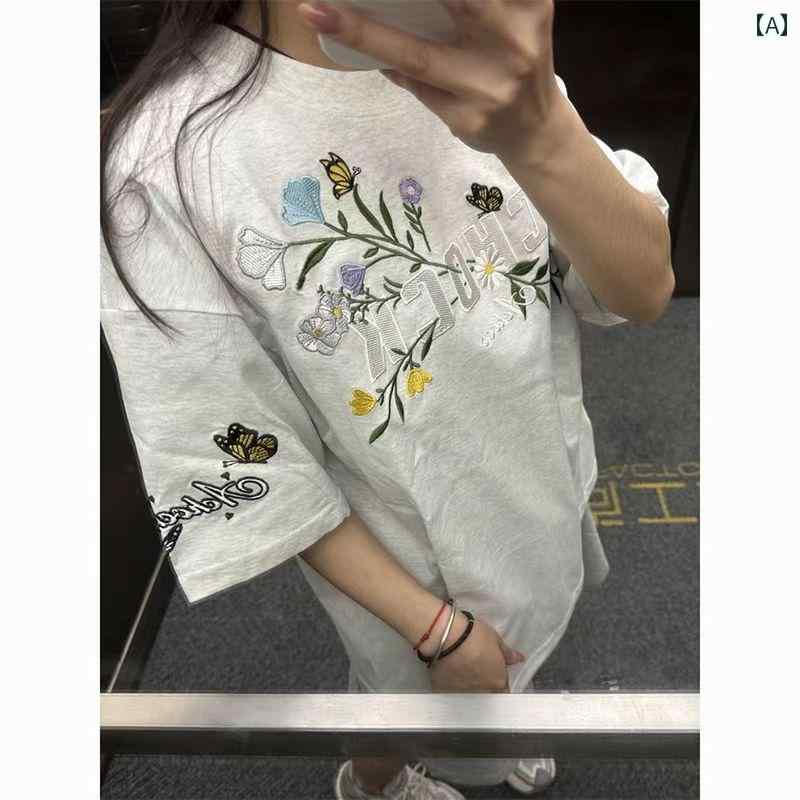 植物 花 刺繍 半袖 Tシャツ 女性用 2025 ホット ストリート アメリカン スタイル トップ 1