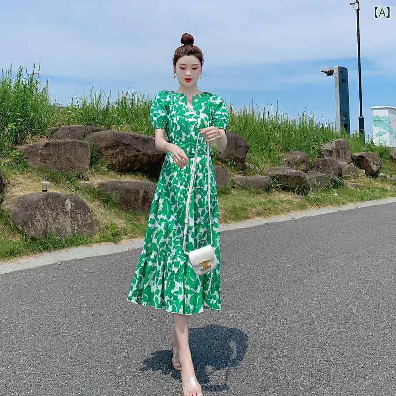 ドレス レディース 2025 夏の 軽い 高級 フランス レース ウエスト スリム グリーン 花柄