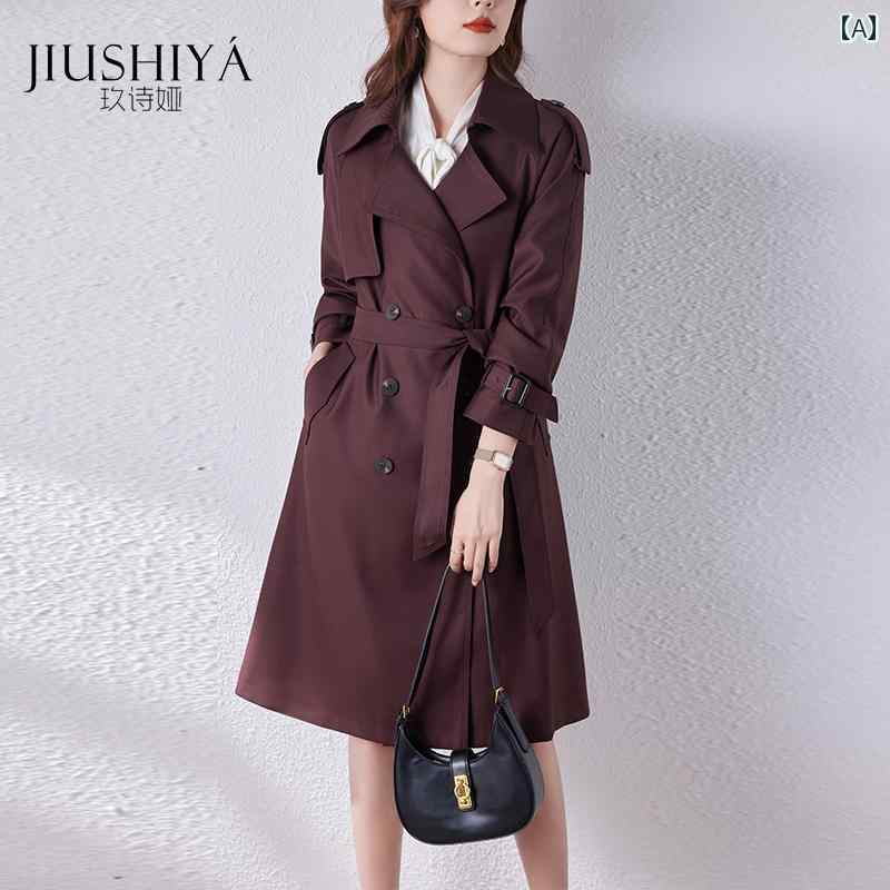 Jiushiya 春の 婦人服の ファッション レトロ 英国 の アンコラ レッド ミドル 丈 ウィンドブレーカージャケット