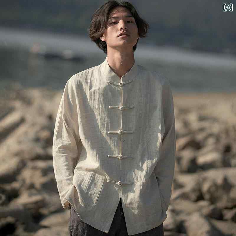 Dulou 新 瀬戸もの風 唐装 メンズ レトロ 瀬戸もの風 リネンプルオーバー 長袖 綿 リネン 照明ランプ色合い 上衣 背広 プルオーバー メンズ