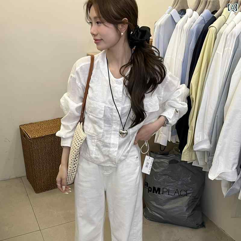 ジャケット リネン ソリッド トップス シャツ ラウンドネック ボタン付き ポケット シングルブレスト 春夏 軽量 韓国 おしゃれ カジュアル シンプル アウター ファッション 万能 便利