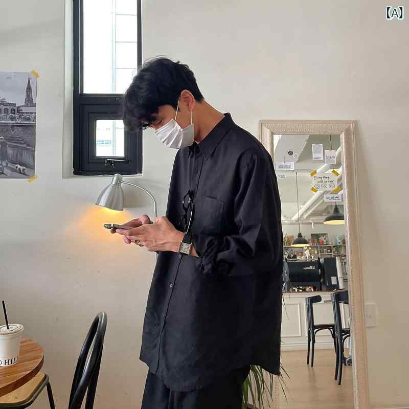 Bishe 韓国 メンズ リネンシャツ ブラック コットンと リネン トップ 軽くて 通気性の ある 夏の 長袖 シャツ