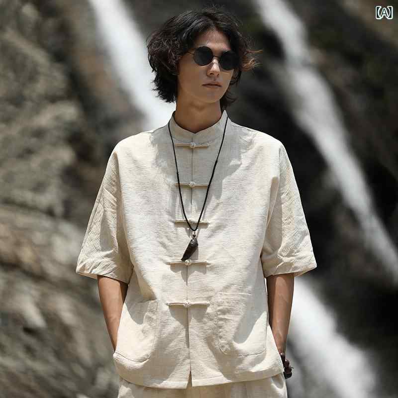 Dulou 唐装 メンズな レトロ 瀬戸もの風 リネンプルオーバー 半袖 綿 リネン 中国 照明ランプ色合い 中山 プルオーバー