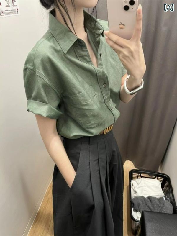 夏の 女性用 日本 風の 白い 綿 麻 半袖 シャツ 文学的 ポロ カラー カジュアル シャツ スモール トップ