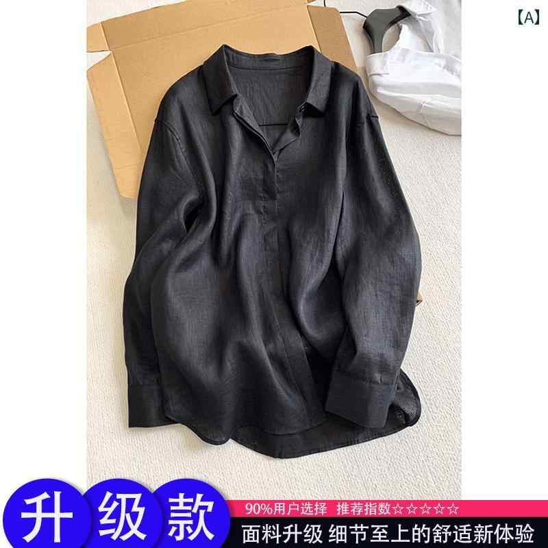 黒の コットンと リネンの シャツ メンズ 長袖 夏用の 薄手の 日焼け防止 シャツ ゆったり ゆったり ドレープの ジャケット