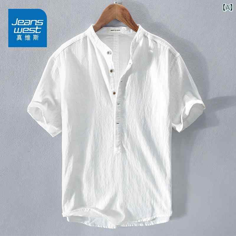 Jeanswest 2025 コットン＆ リネン 半袖 シャツ メンズ 夏 薄手 リネン ゆったり カジュアル シャツ スタンドカラー Tシャツ｜バランスケア　店