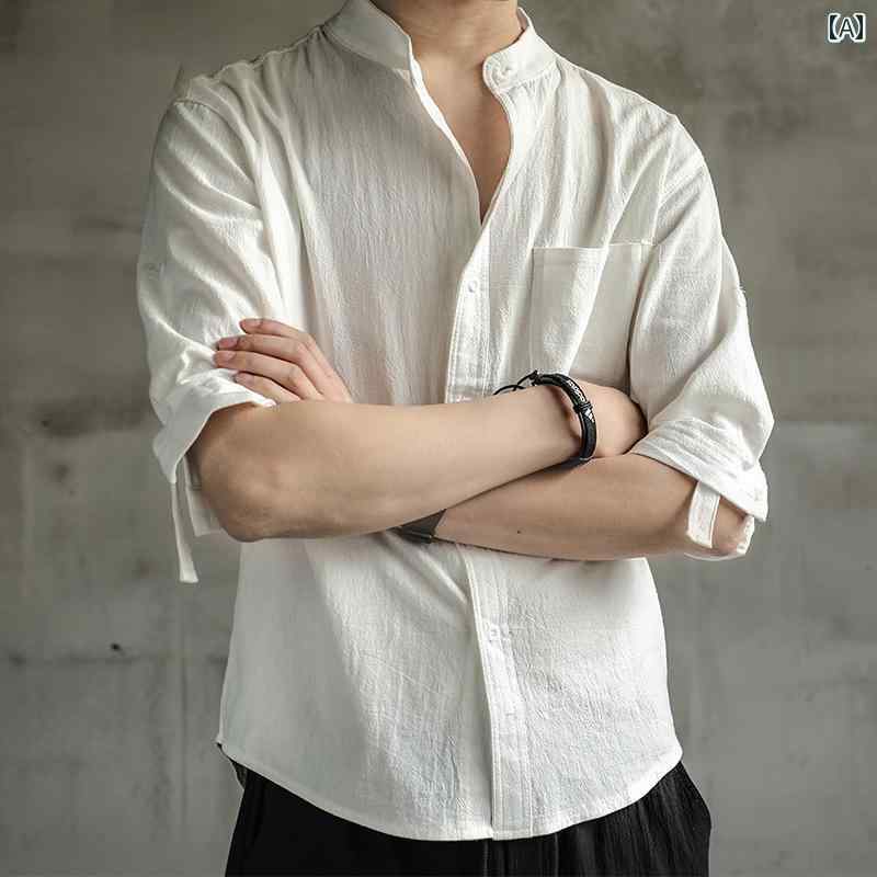のの 夏の リネン 七分丈 半袖 シャツ メンズ コットンリネン ゆったり チャイナ風 シャツ カジュアル 長袖 Tシャツ｜バランスケア　店 7,770円