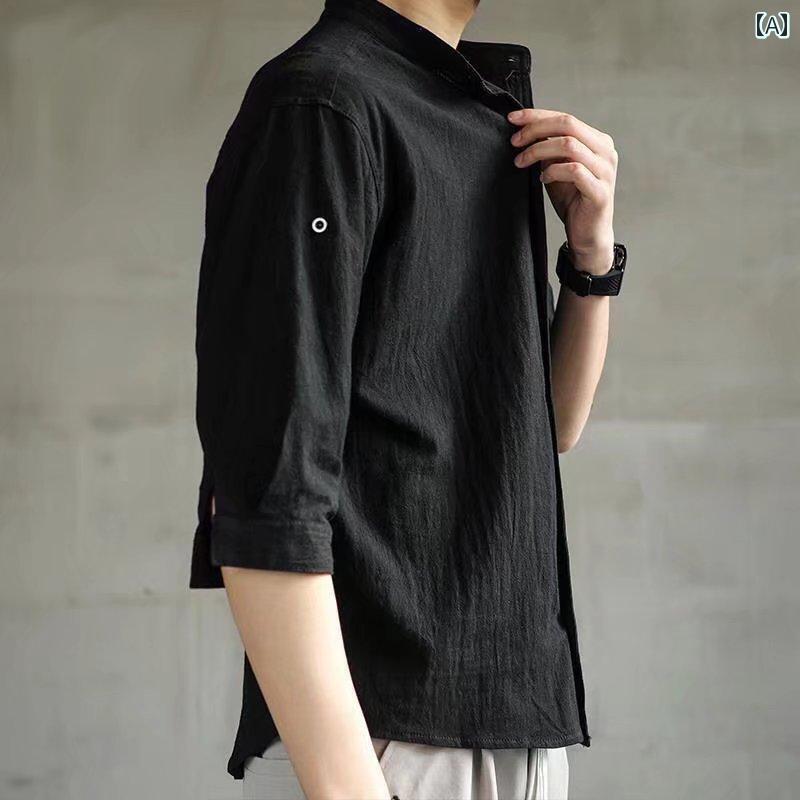 のの 夏の リネン 七分丈 半袖 シャツ メンズ 半袖 コットン＆ リネン チャイナ風 シャツ カジュアル 長袖 Tシャツ
