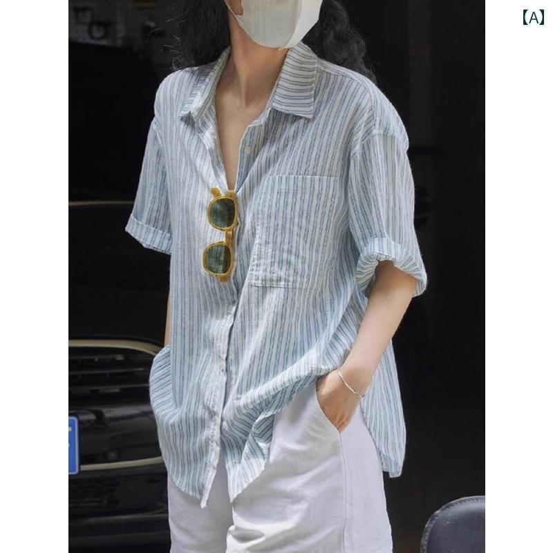 レディース ブルーの ストライプの コットンと リネンの 半袖 シャツ 芸術的な レトロ 日本 リネンシャツ 夏の ゆったり カジュアル トップス 薄手