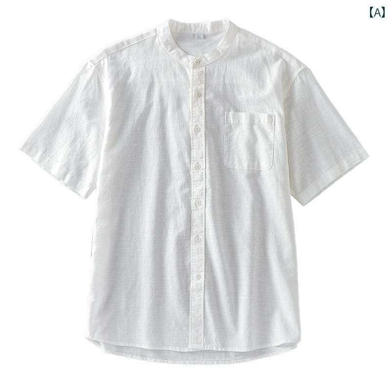Duken 通気性 リネンシャツ メンズ 半袖 夏 薄手 白 シャツ コットンリネン 新 チャイナ風 スタンドカラー ジャケット