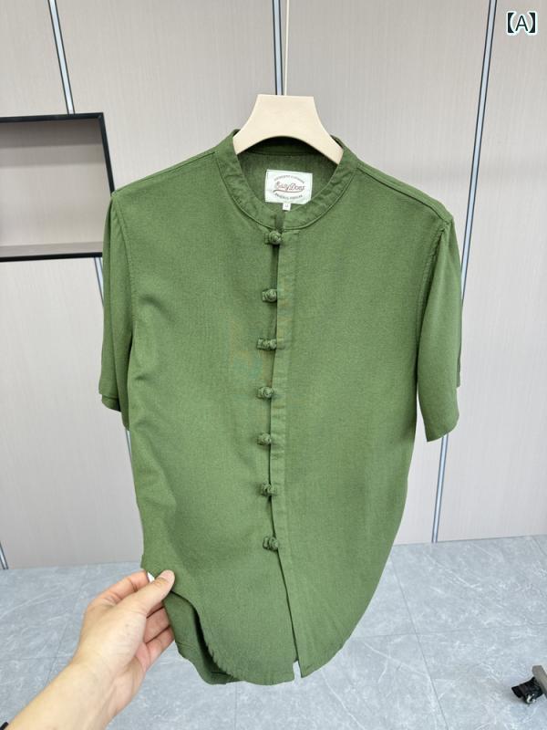 チャイナ風 レトロ ボタン 30 リネン 70 夏 メンズ ハイ ドレープ カジュアル 半袖 シャツ 2332