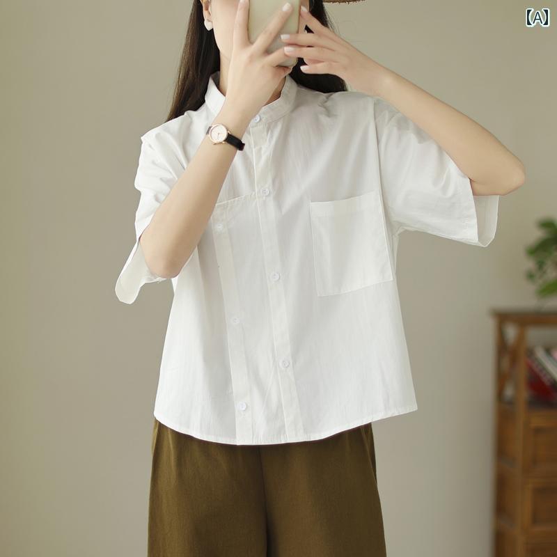 2024夏 レディース 文学 風 ゆったり 半袖 コットンシャツ 大きいサイズ非 対称 スプライシング 無地 シャツ