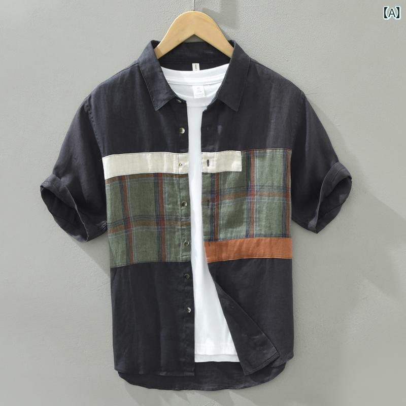 メンズ スプライシング リネン 半袖 シャツ 夏 カジュアル 半袖 シャツ 薄手の コットンと リネンの トップ 服 7,110円