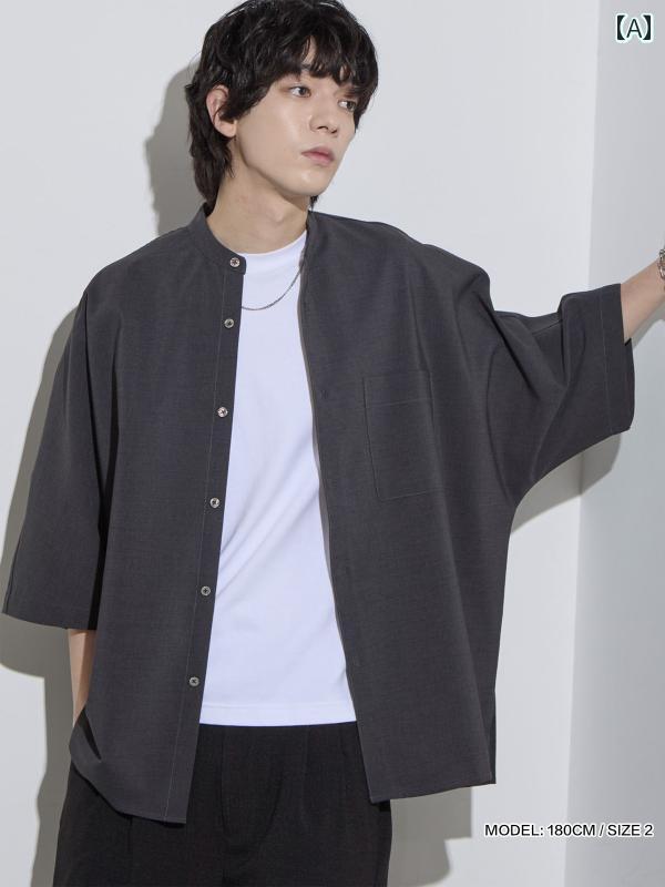 和風 シングル SLICK レトロ フェイク リネン 生地 ゆったり カジュアル スタンドカラー バット 七分袖 シャツ メンズ 春夏