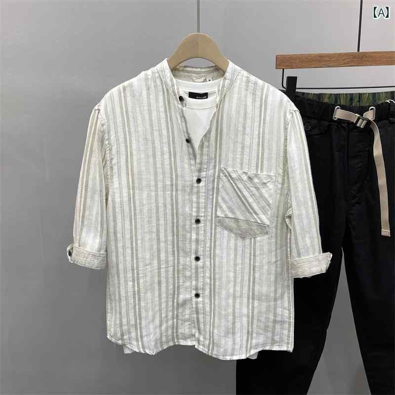夏用 リネン 半袖 シャツ 向け カジュアル スタンドカラー 七分袖 シャツ 和風 薄手 ゆったり コットンリネン トップス メンズ