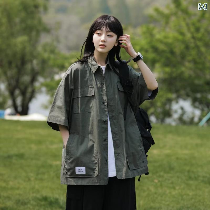 男女兼用の アーミーグリーンの 半袖 ワークシャツ 夏の バロック 風 カジュアル シャツ な 七分袖 カジュアル ジャケット