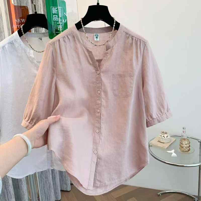 厚手 リネン シザーズ Vネック ミドル スリーブ 無地 スリム リネンシャツ レディース 510 G 50911